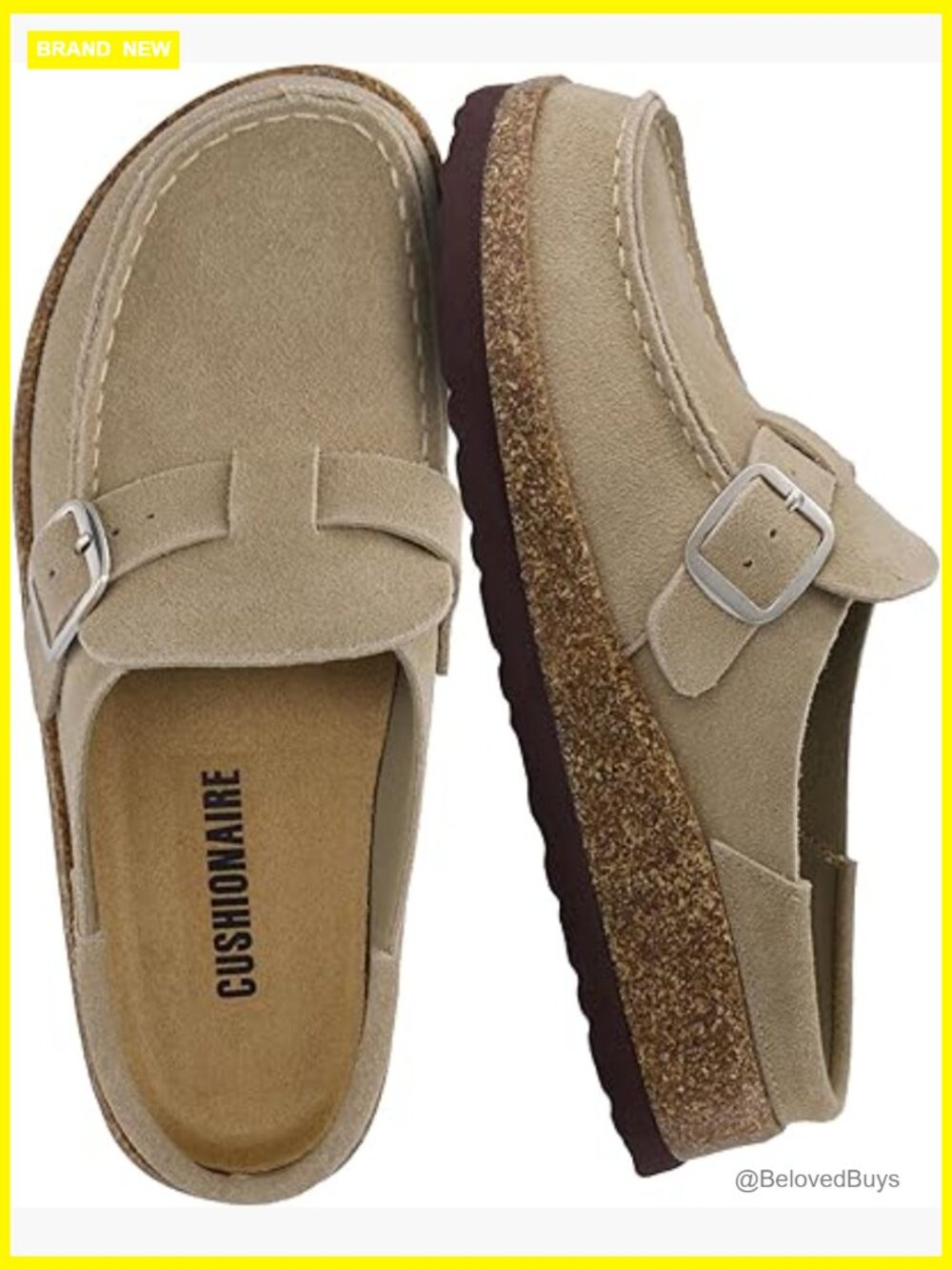 Genuine Leather Suede Mule Clogs with Buckle Strap and Cork Footbed - Picture 1 of 7